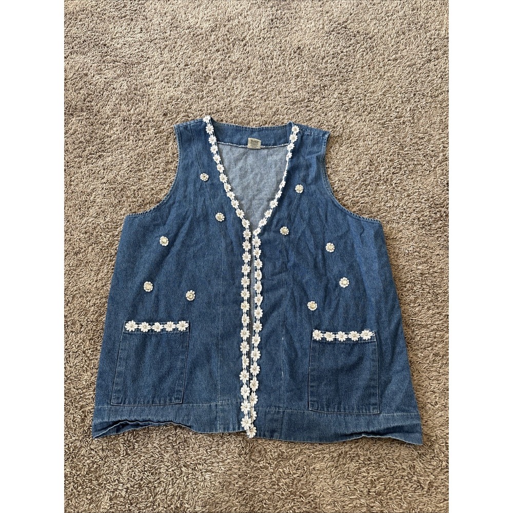 Vintage 90s Cactus‎ California Lace applique denim vest XL Made In USA